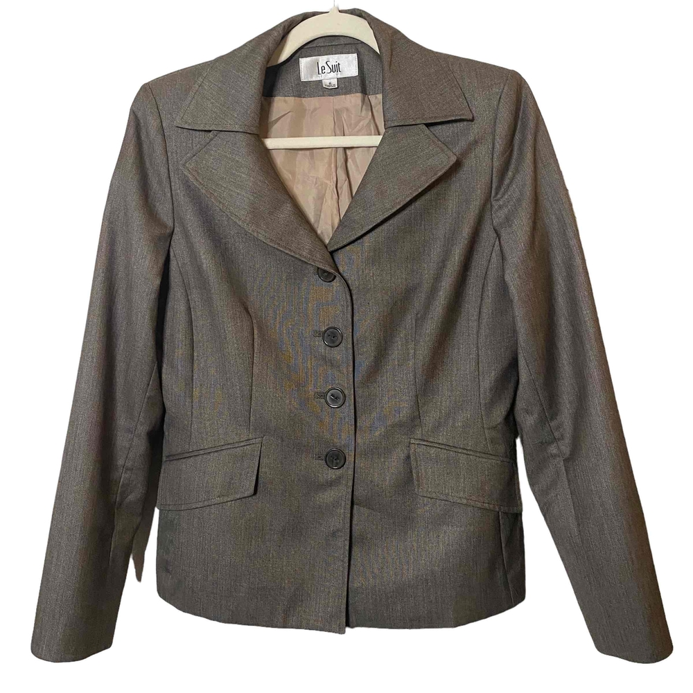 Le Suit‎ Womens Brown Lined Pockets Button Up Classic Blazer Jacket Size 8